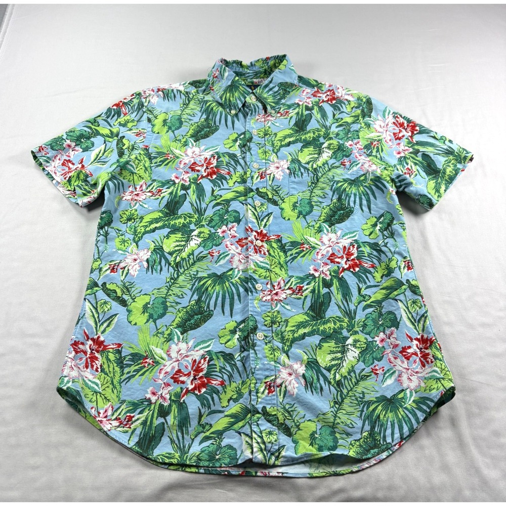 Polo Ralph Lauren Shirt Mens L Blue Green Floral Tropical Hawaiian Camp Slim Fit
